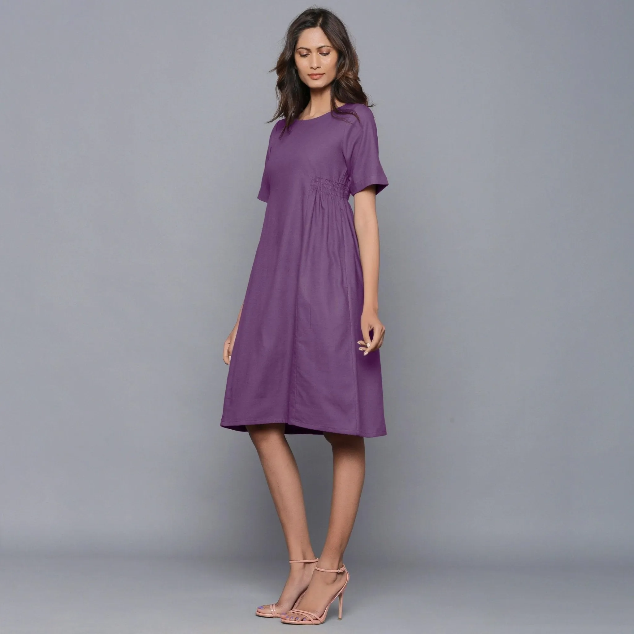 Grape Wine Warm Cotton Flannel Knee Length Paneled Dress