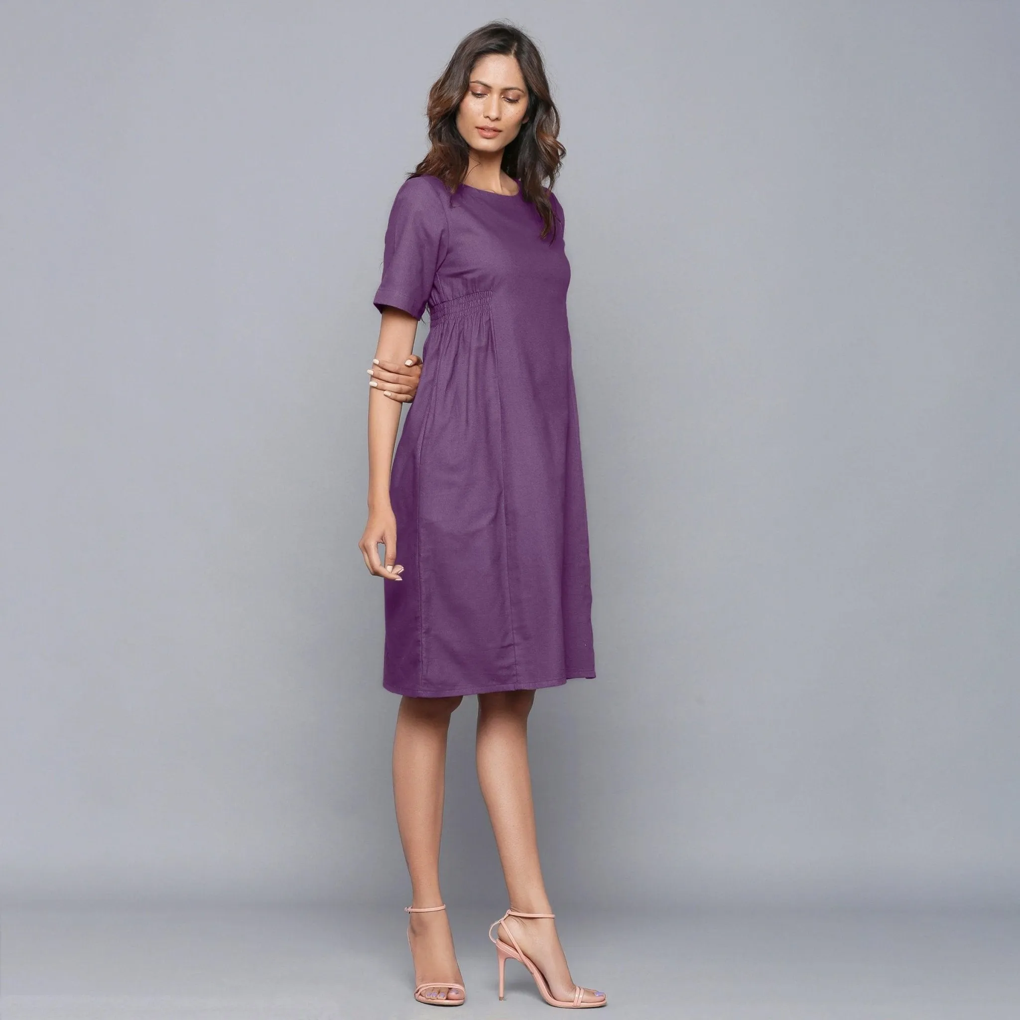 Grape Wine Warm Cotton Flannel Knee Length Paneled Dress