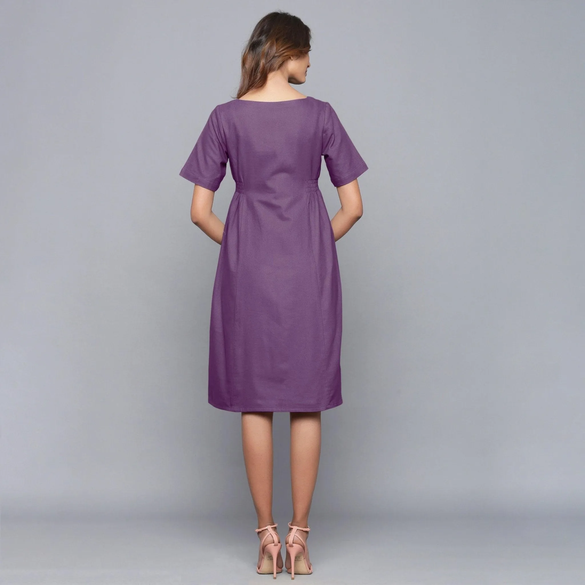 Grape Wine Warm Cotton Flannel Knee Length Paneled Dress