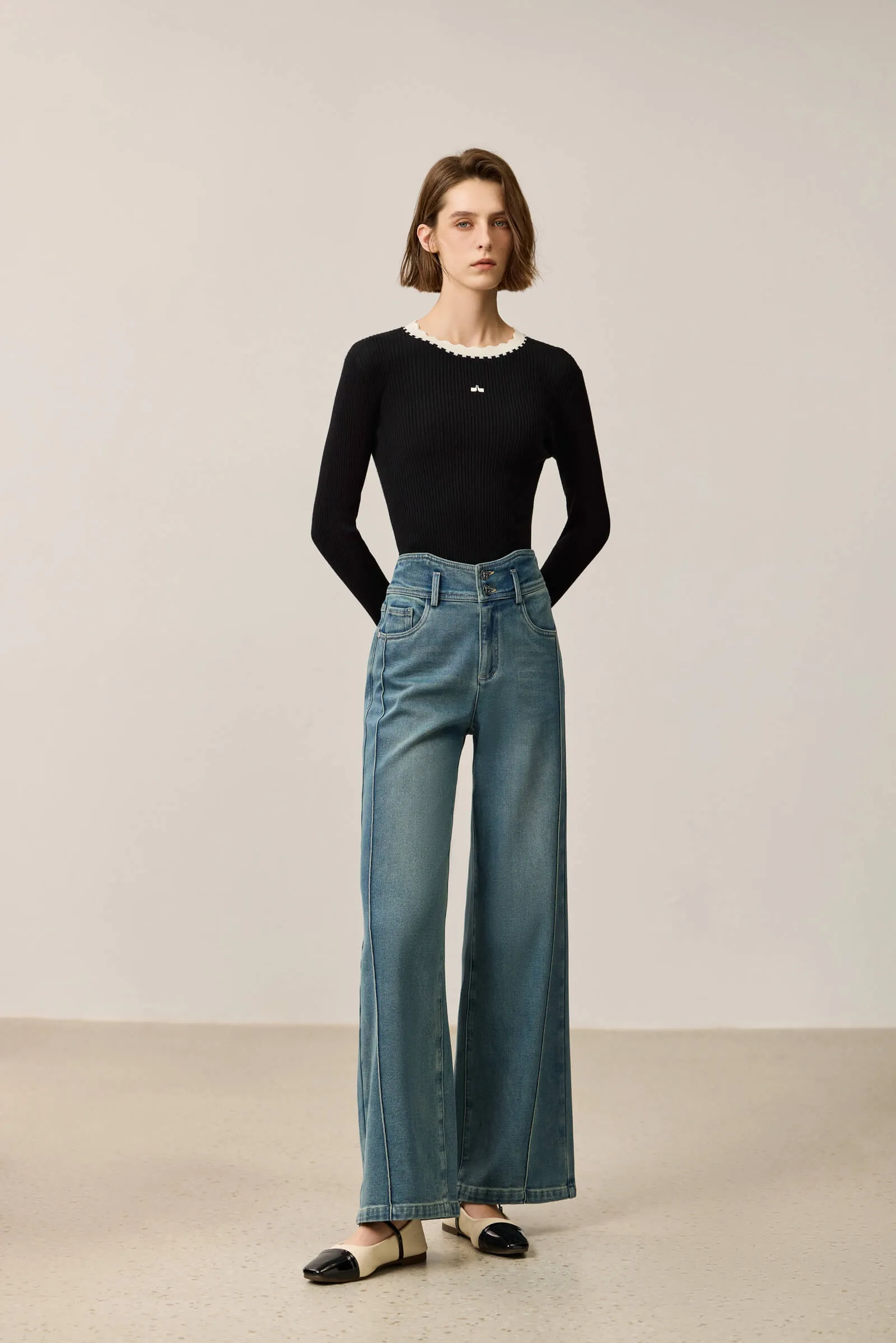 LILY Color-Block Ruffle Collar Fitted Sweater