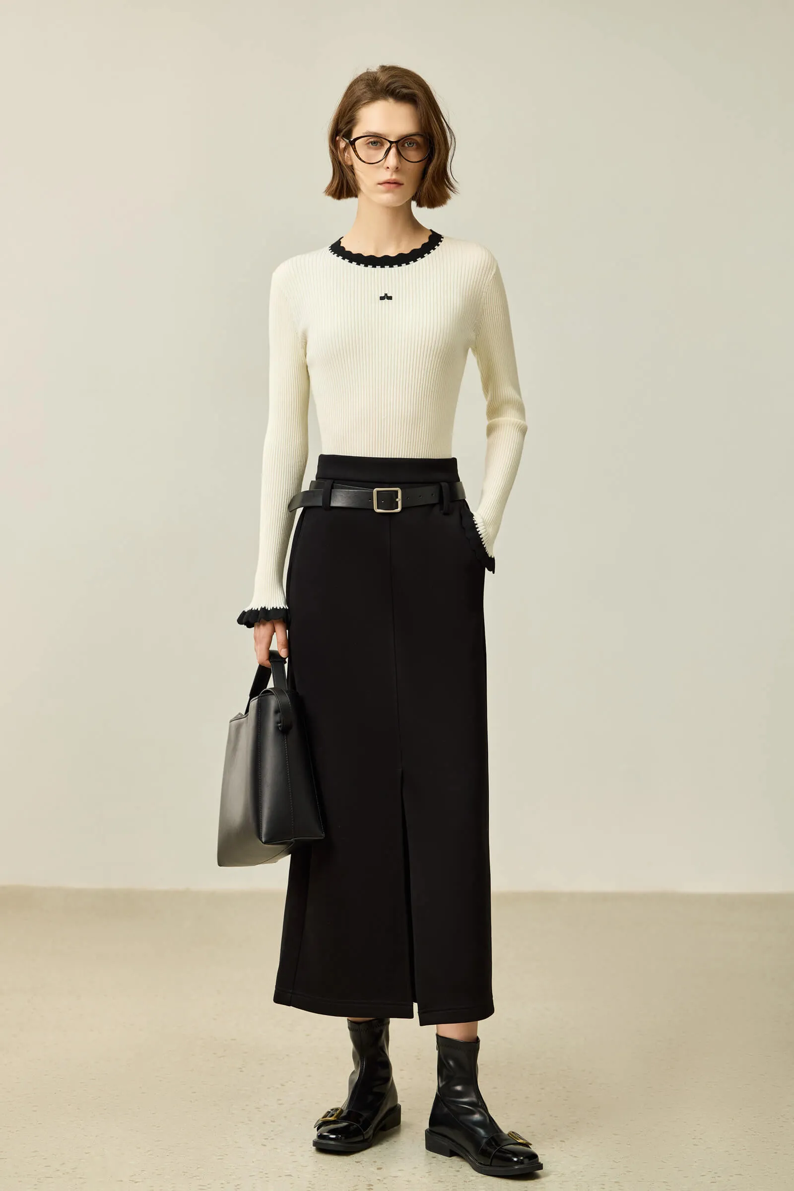 LILY Color-Block Ruffle Collar Fitted Sweater
