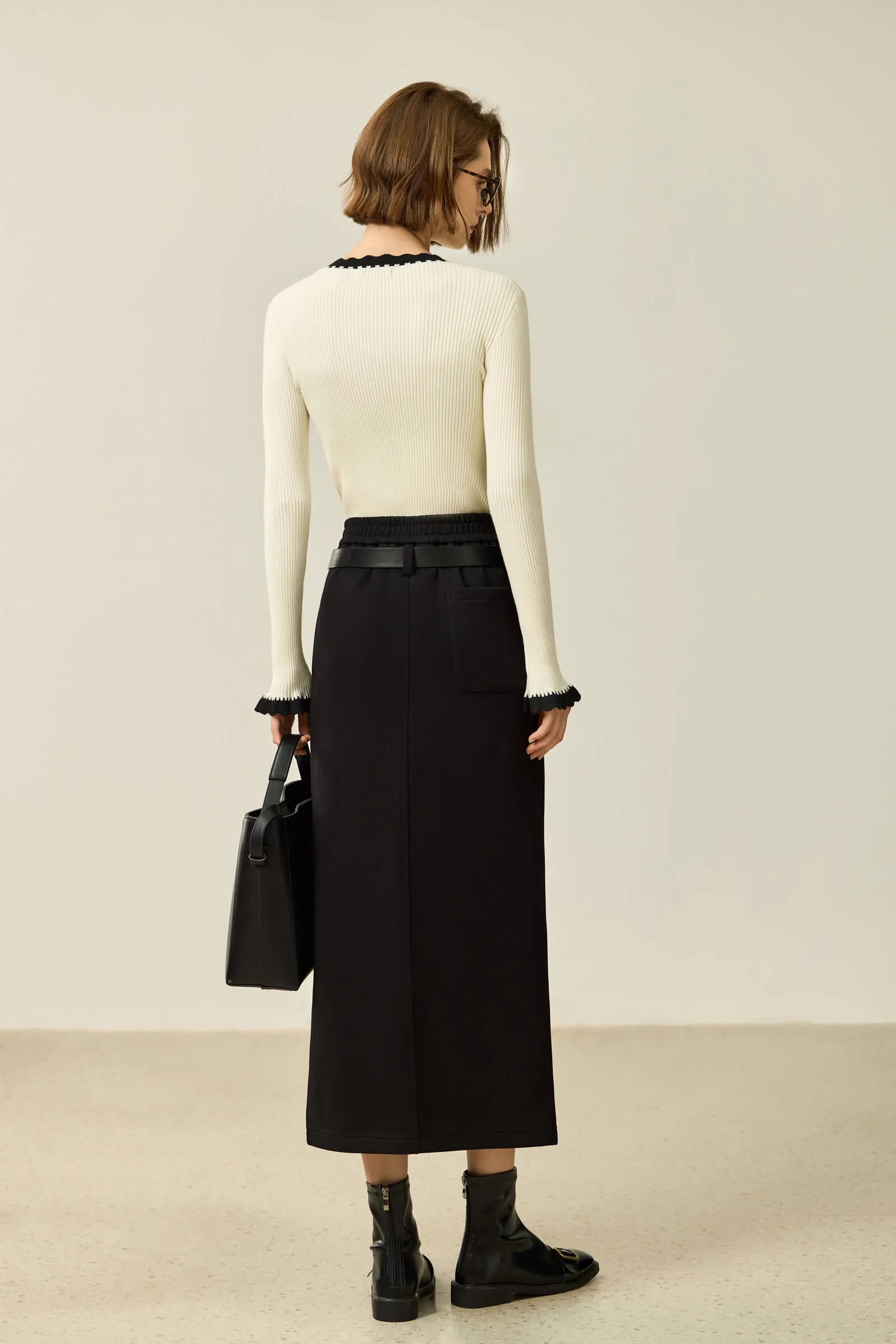 LILY Color-Block Ruffle Collar Fitted Sweater