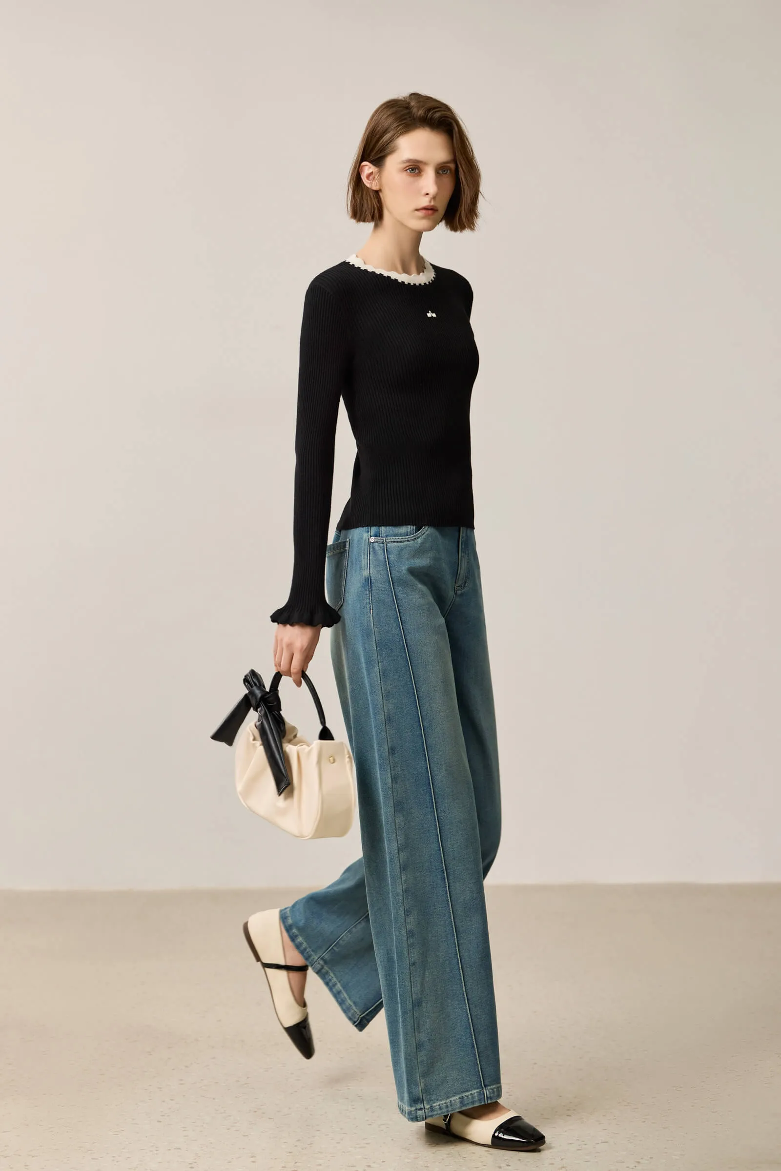 LILY Color-Block Ruffle Collar Fitted Sweater