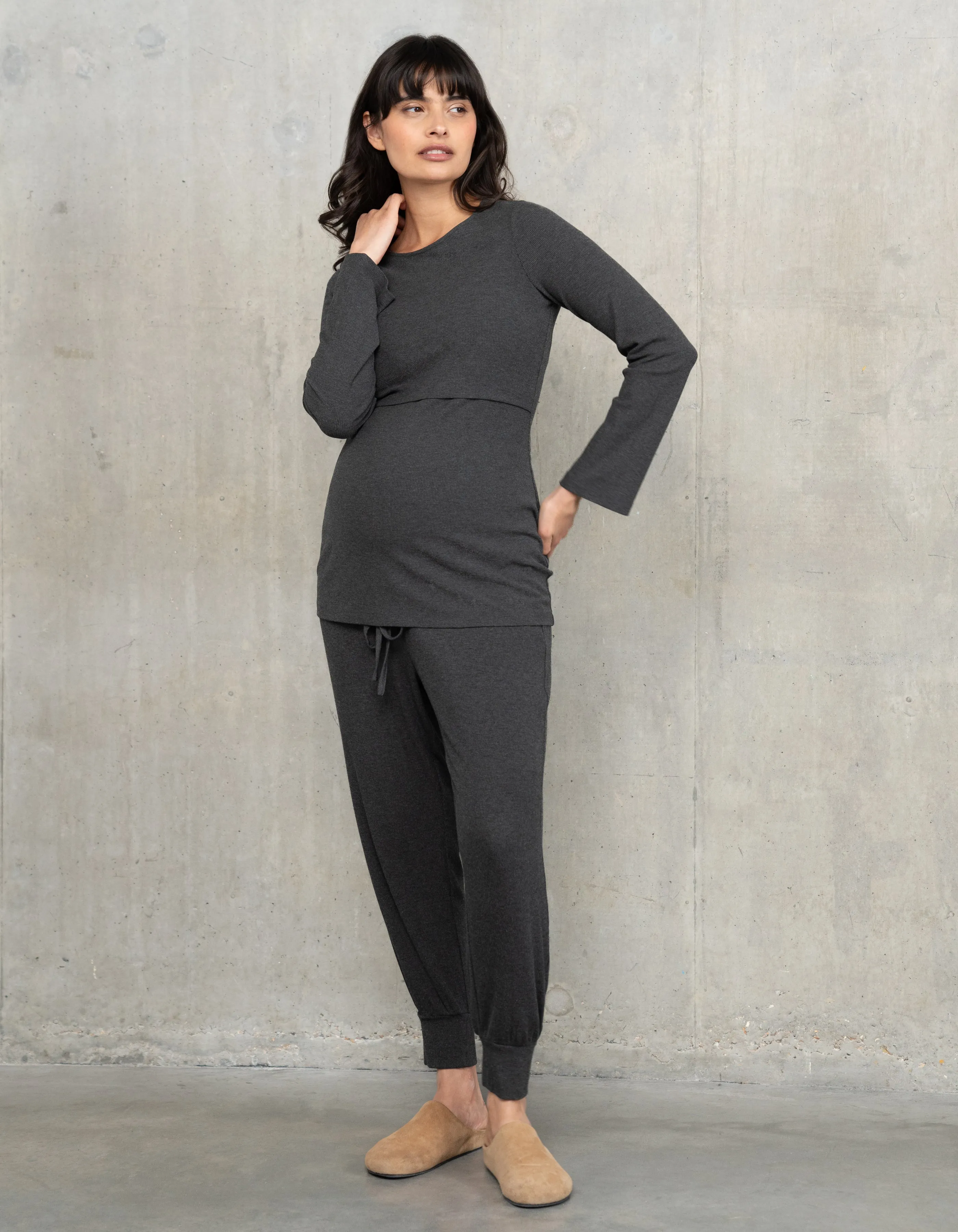 Long Sleeve Ribbed Maternity   Nursing Pyjama Set