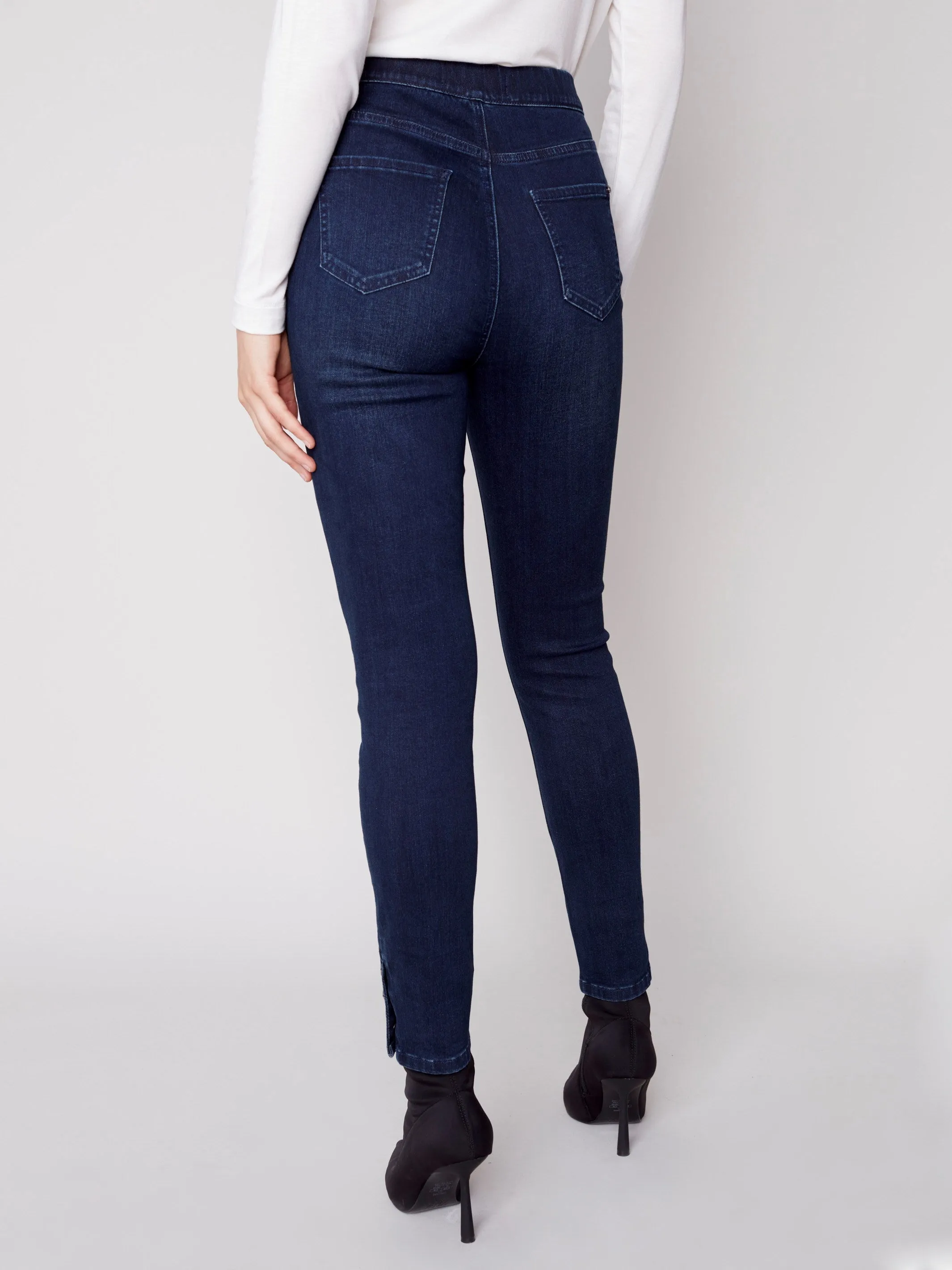 Pull-On Jeans with Snap Button Hem - Blue Black