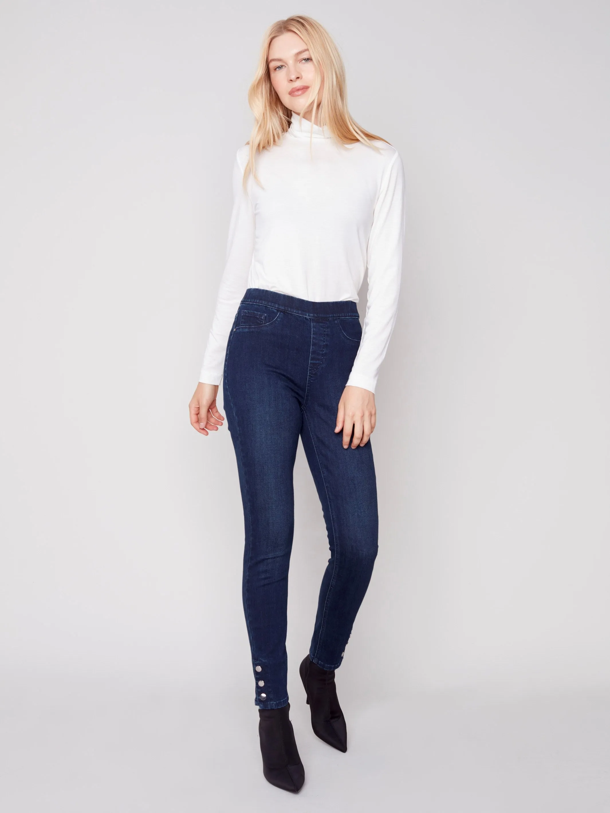 Pull-On Jeans with Snap Button Hem - Blue Black
