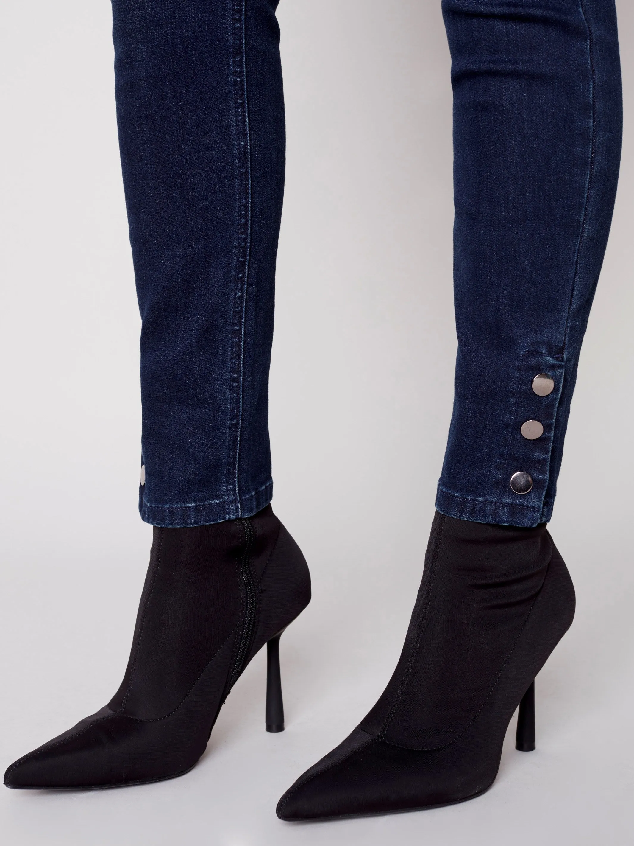 Pull-On Jeans with Snap Button Hem - Blue Black