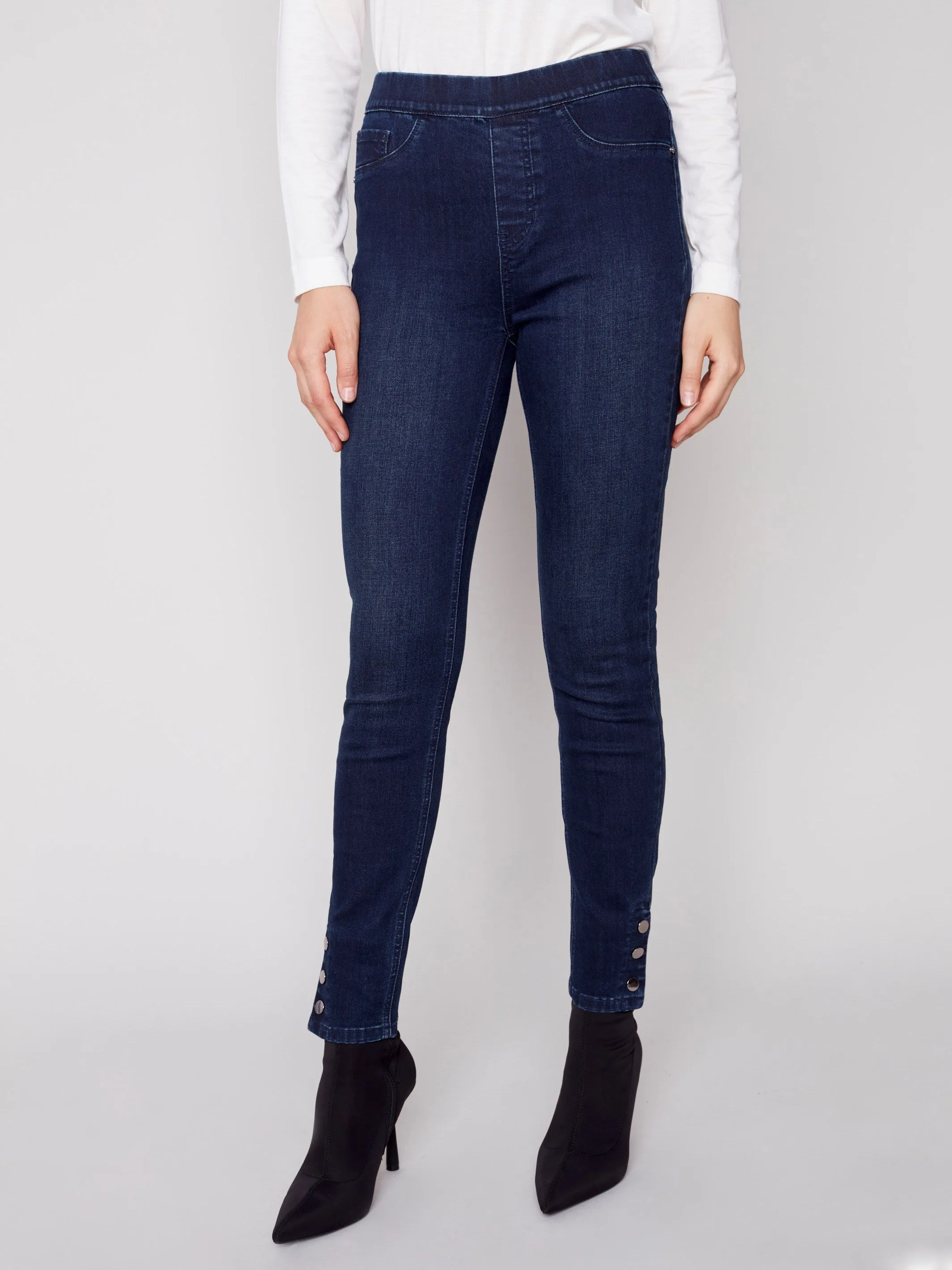 Pull-On Jeans with Snap Button Hem - Blue Black