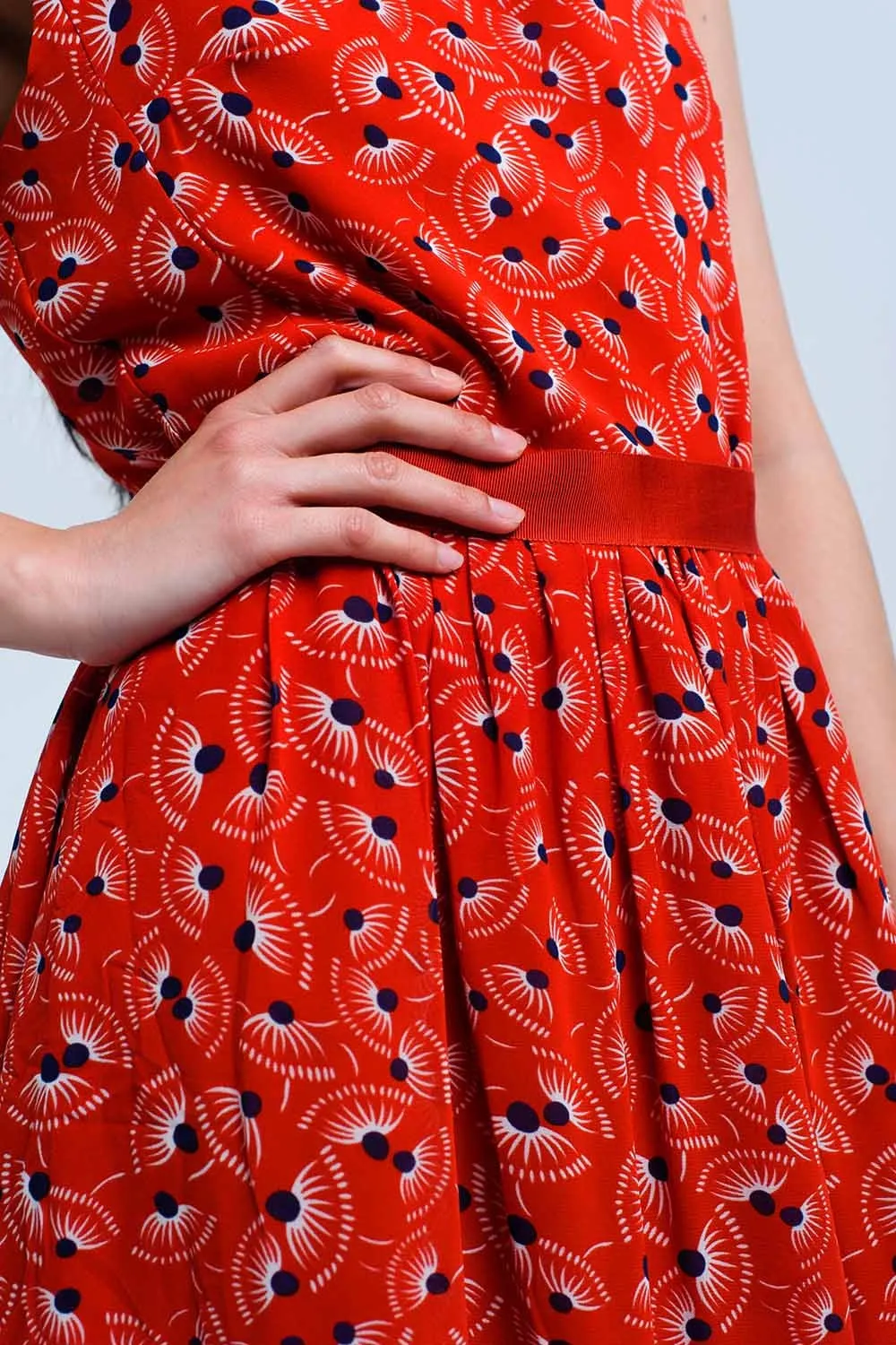 Red mini dress with print geo and bow