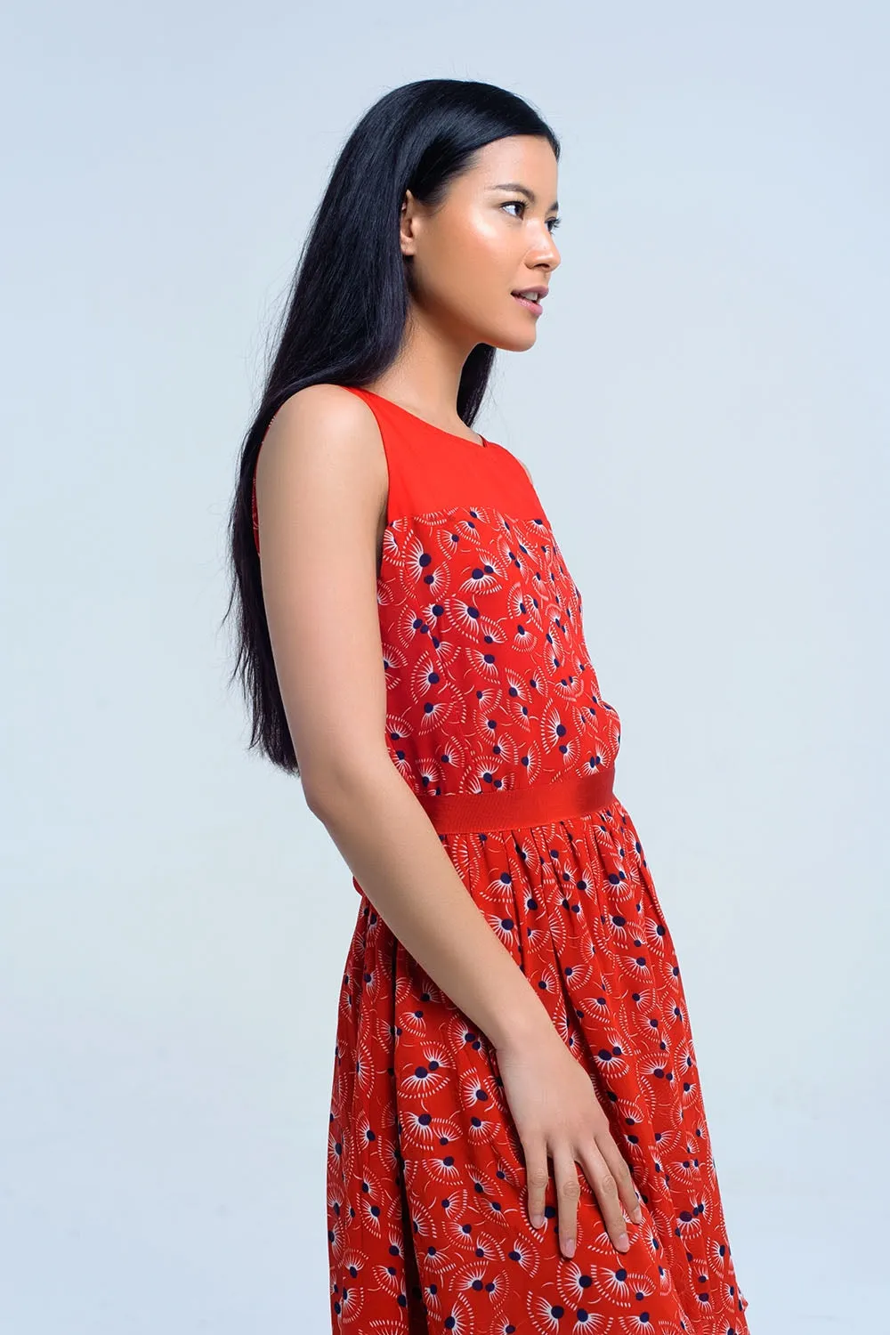 Red mini dress with print geo and bow