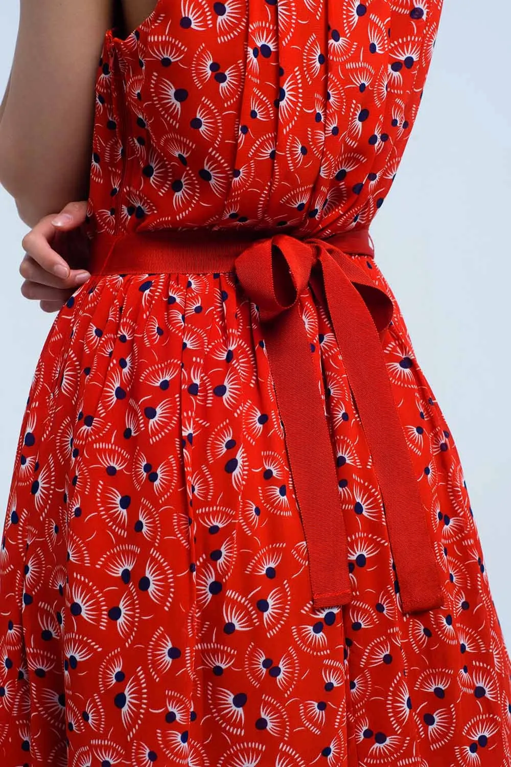Red mini dress with print geo and bow
