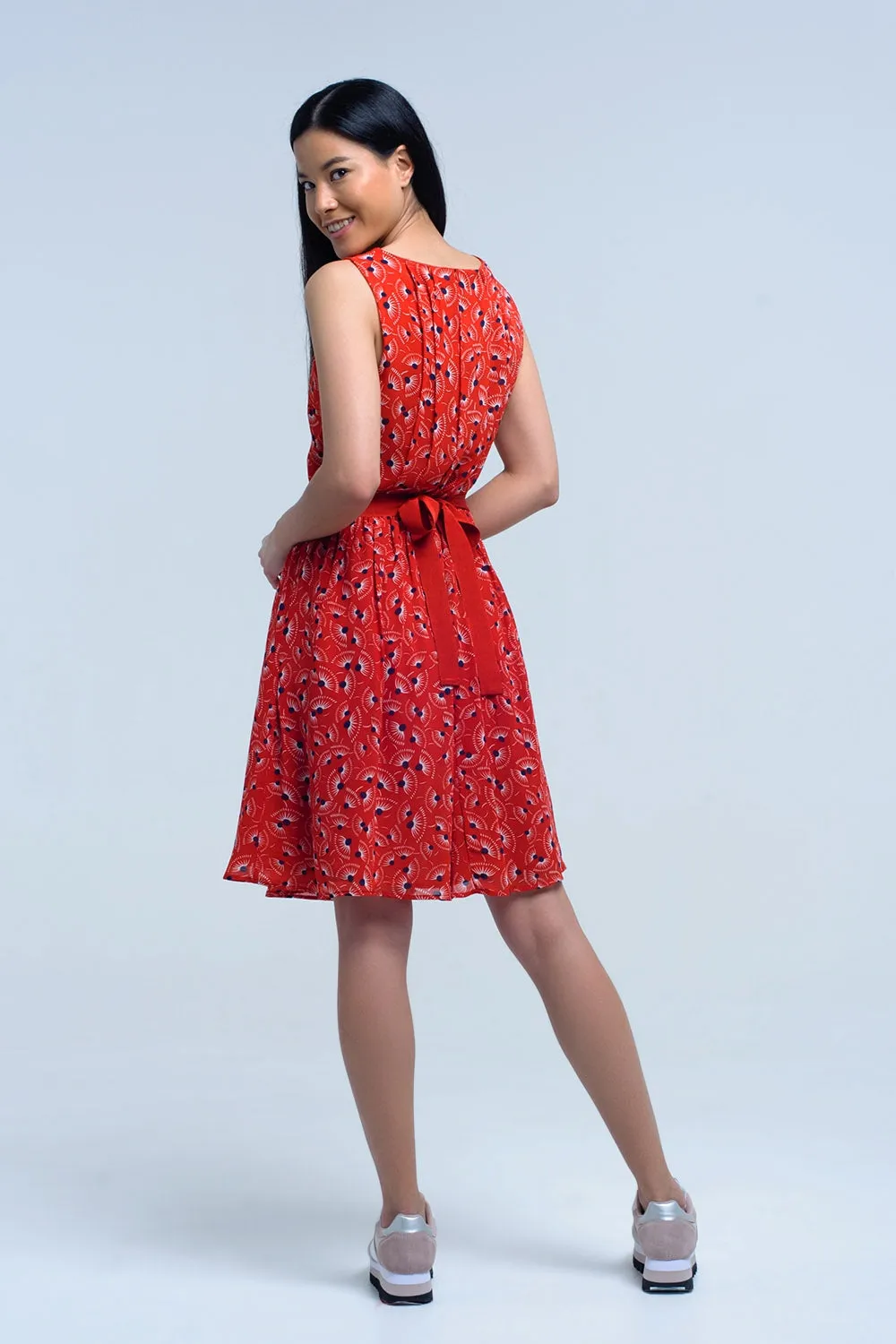 Red mini dress with print geo and bow