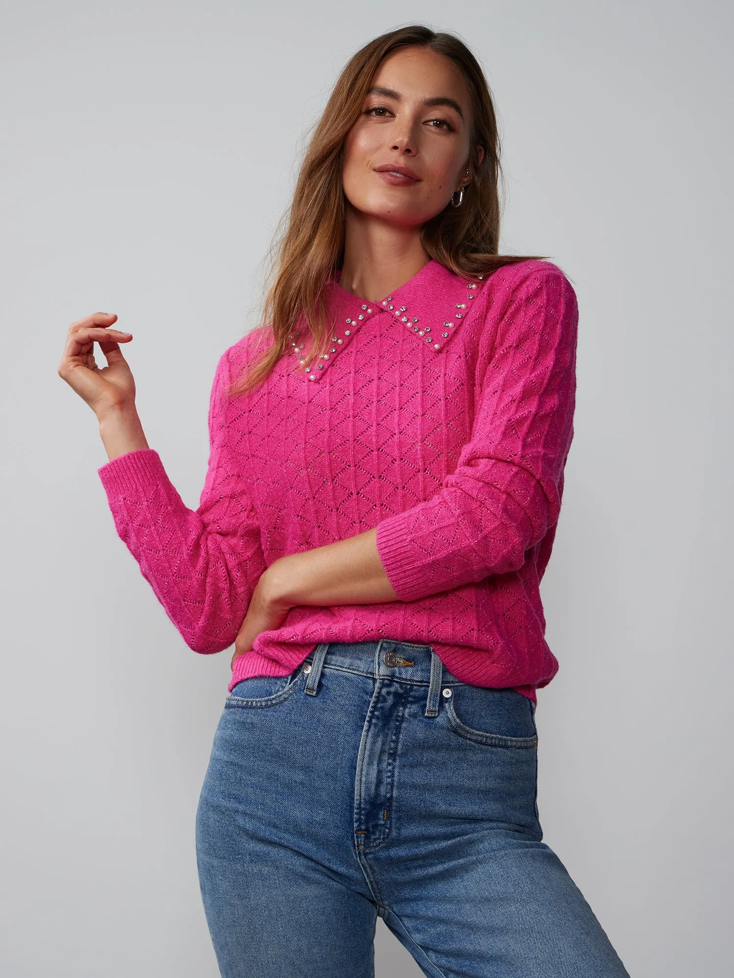 Rhinestone Trim Collar Sweater