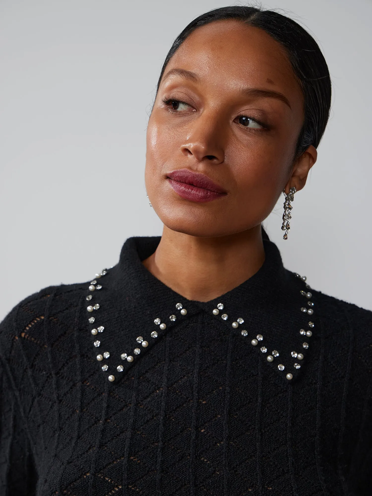 Rhinestone Trim Collar Sweater