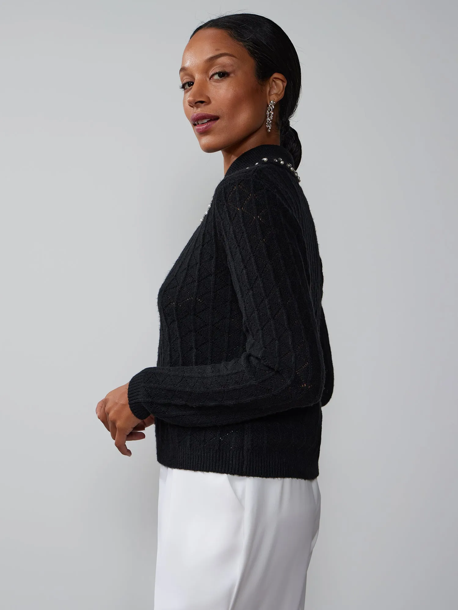 Rhinestone Trim Collar Sweater