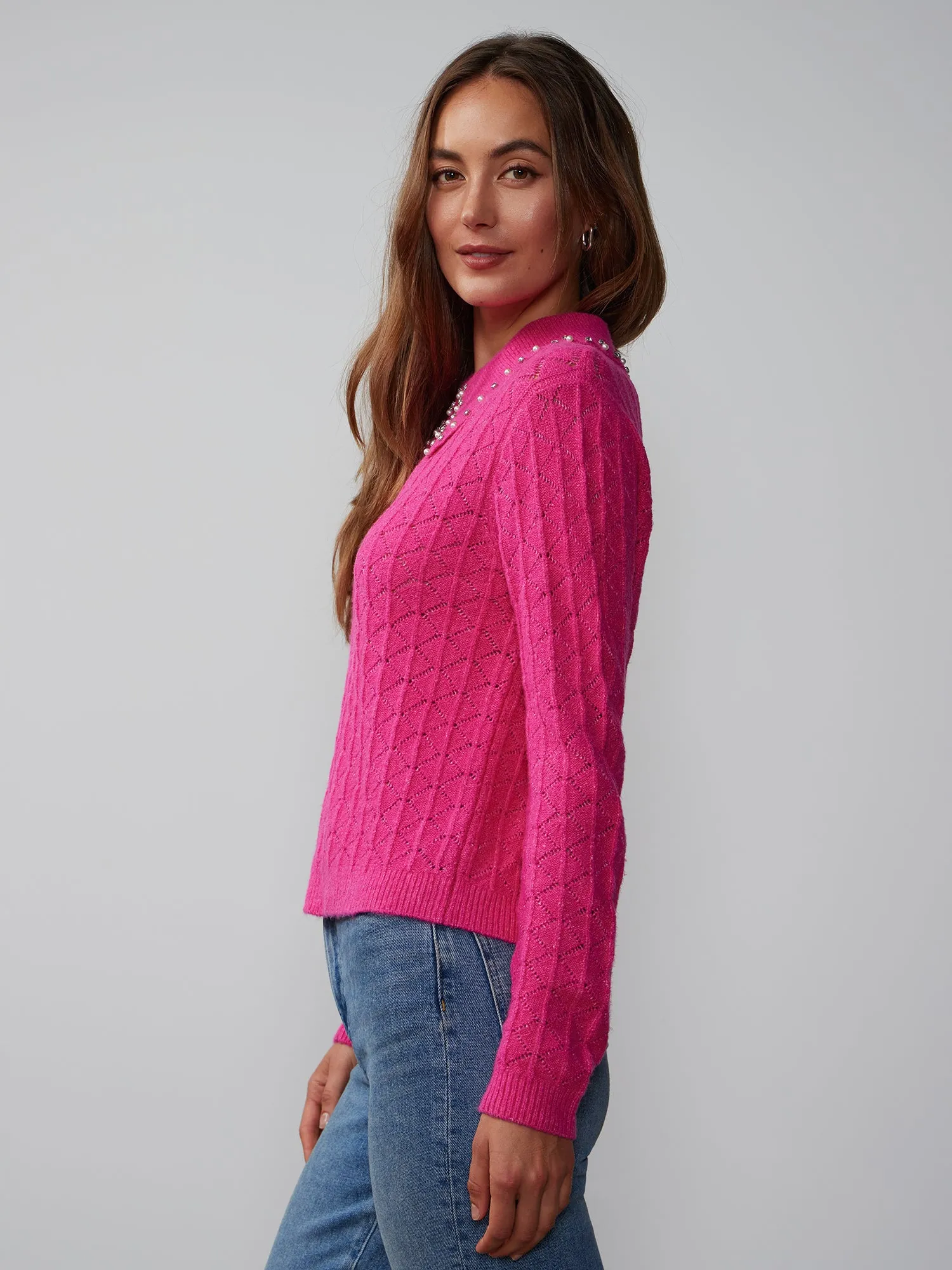 Rhinestone Trim Collar Sweater