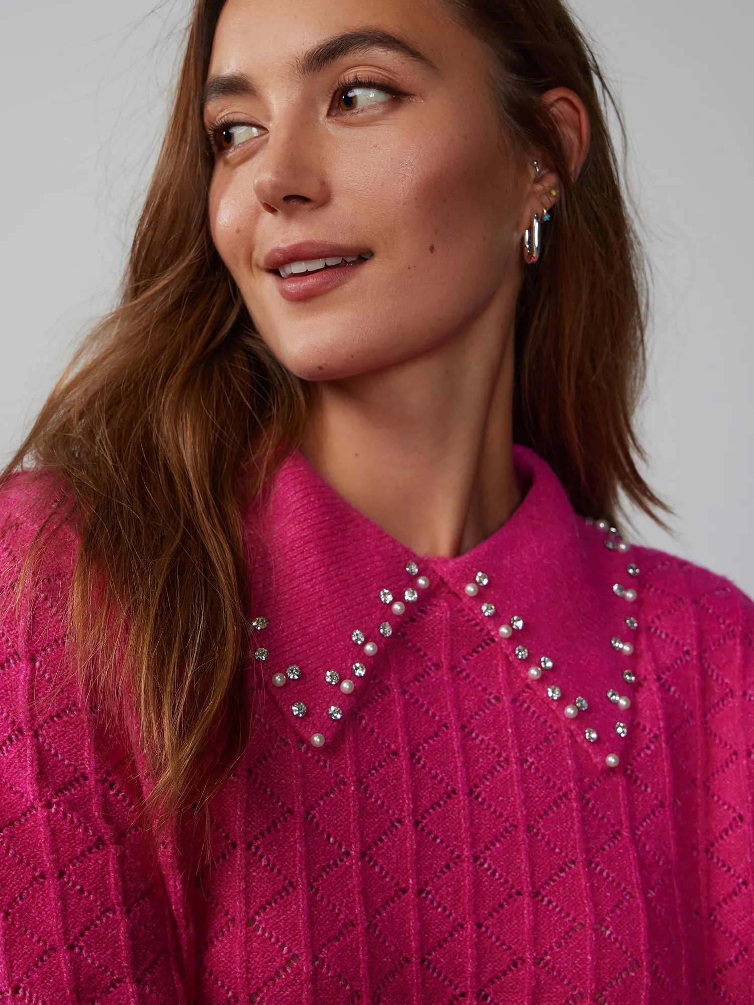 Rhinestone Trim Collar Sweater