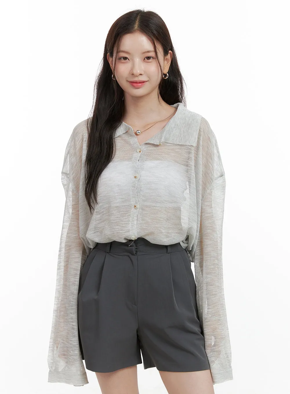 Sheer Button Collar Long Sleeve OL416