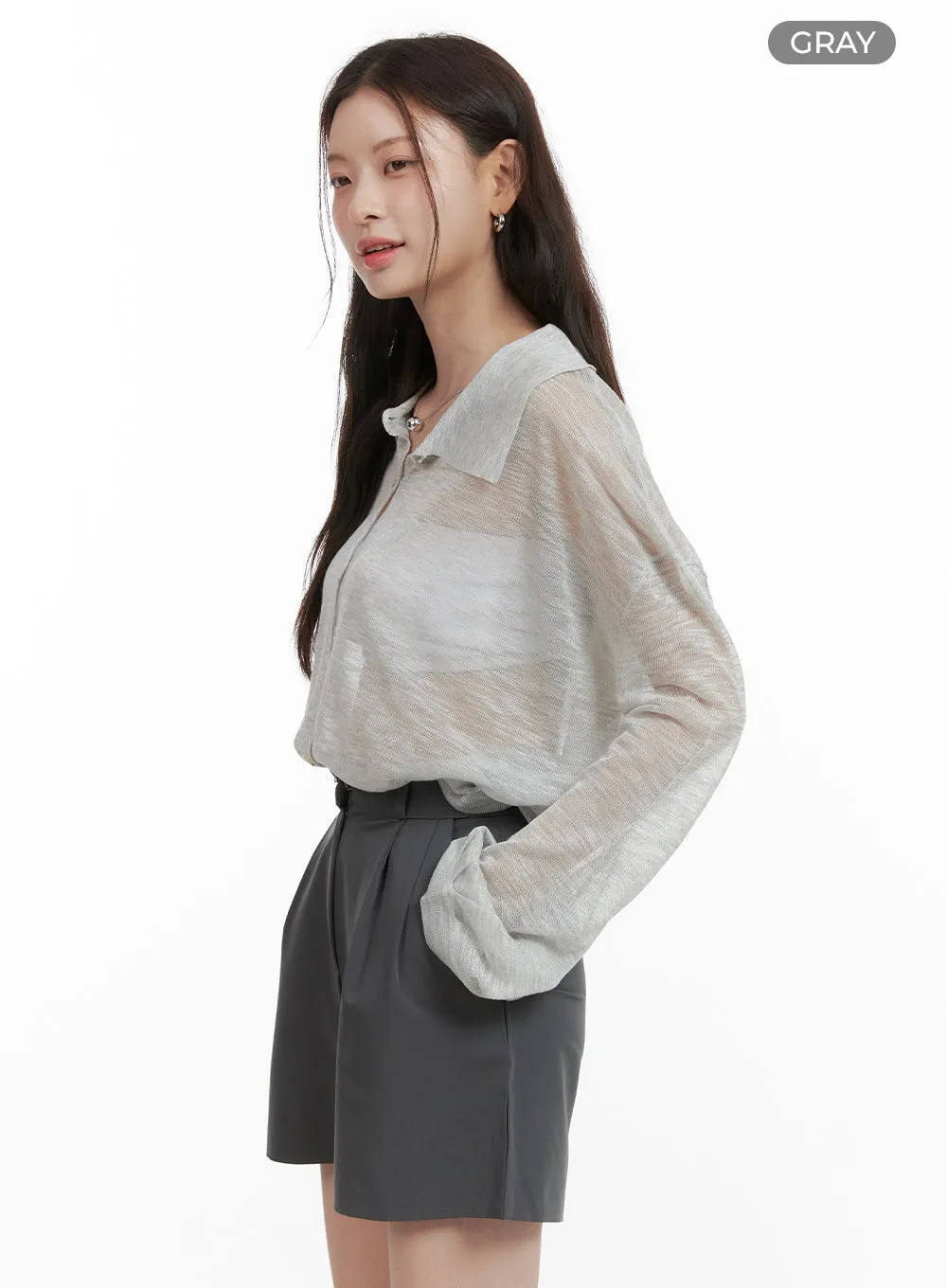Sheer Button Collar Long Sleeve OL416