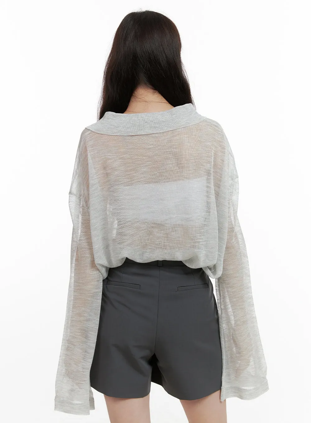 Sheer Button Collar Long Sleeve OL416