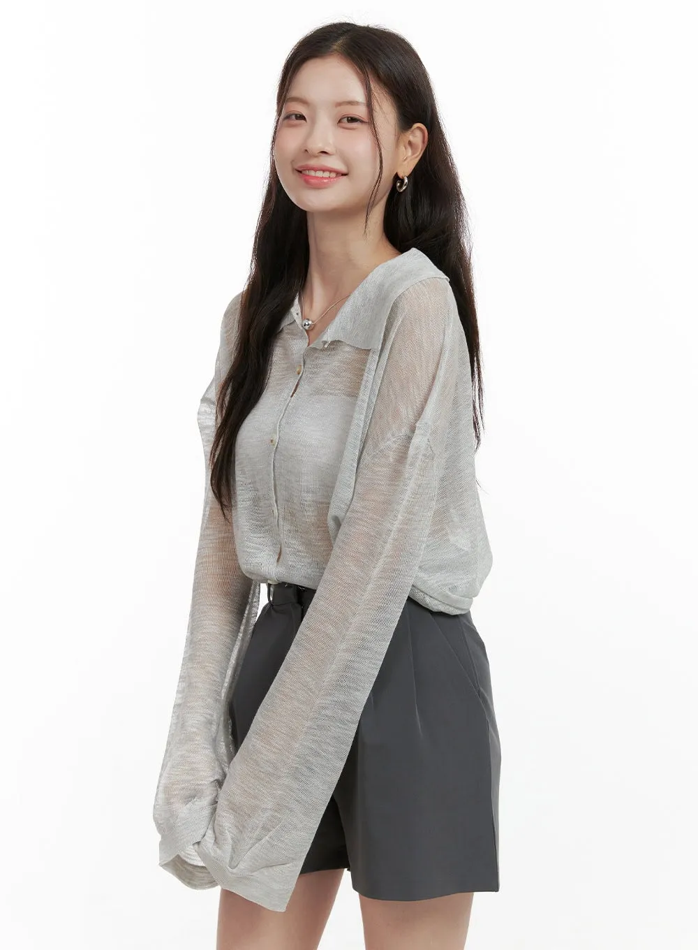 Sheer Button Collar Long Sleeve OL416