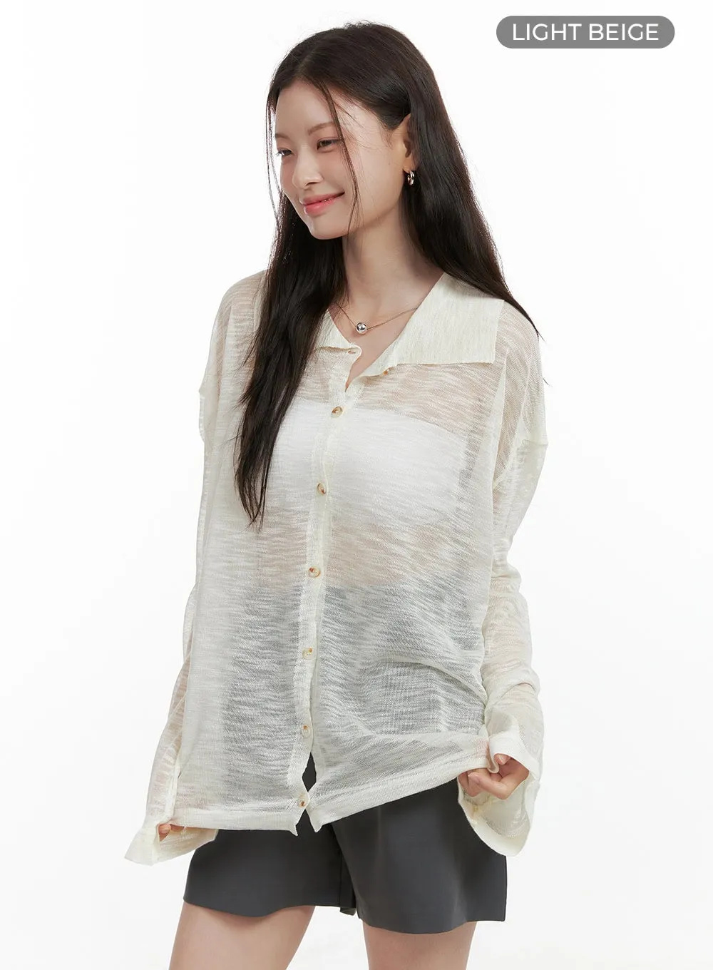 Sheer Button Collar Long Sleeve OL416