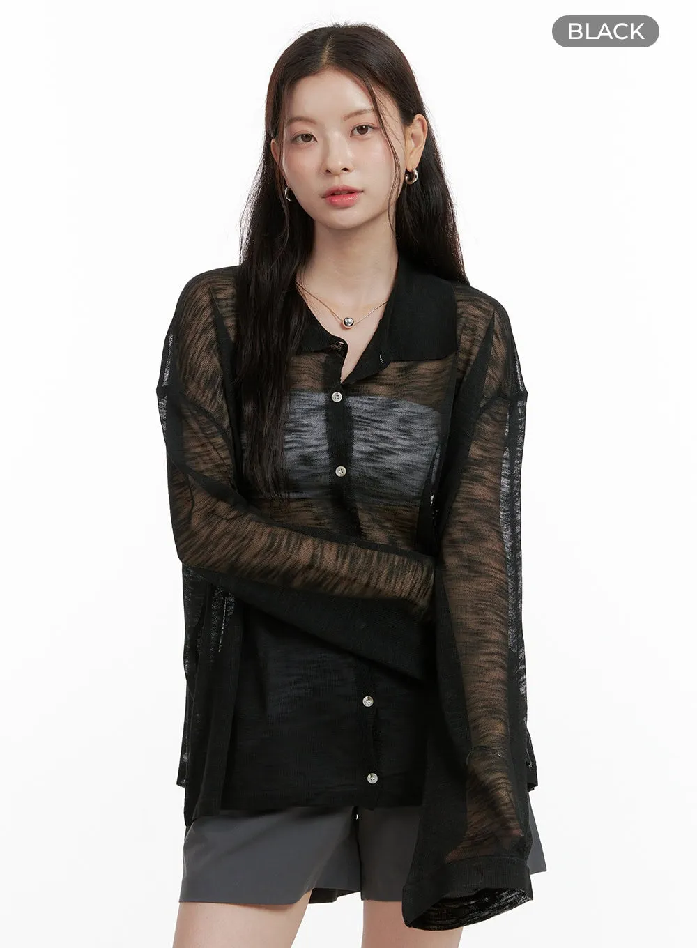 Sheer Button Collar Long Sleeve OL416