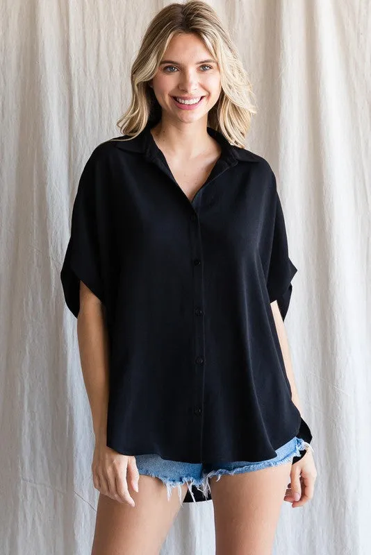 Smile More Solid Short Sleeve Button Up Top - Final Sale