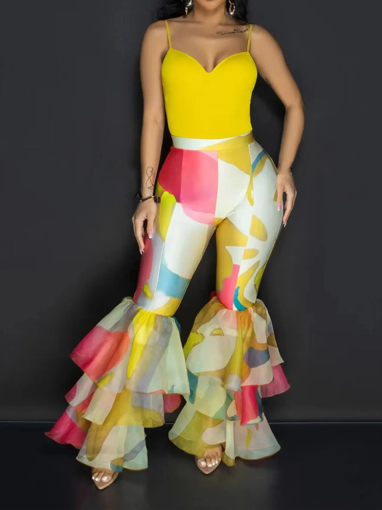 Trendy Ruffled Mesh Patchwork Pants