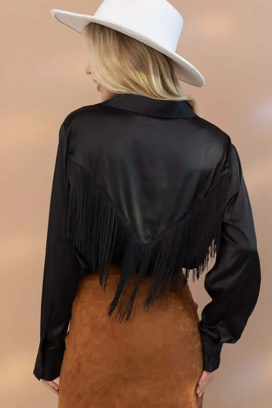 Western Satin Shirt Blouse with Chevron Fringe