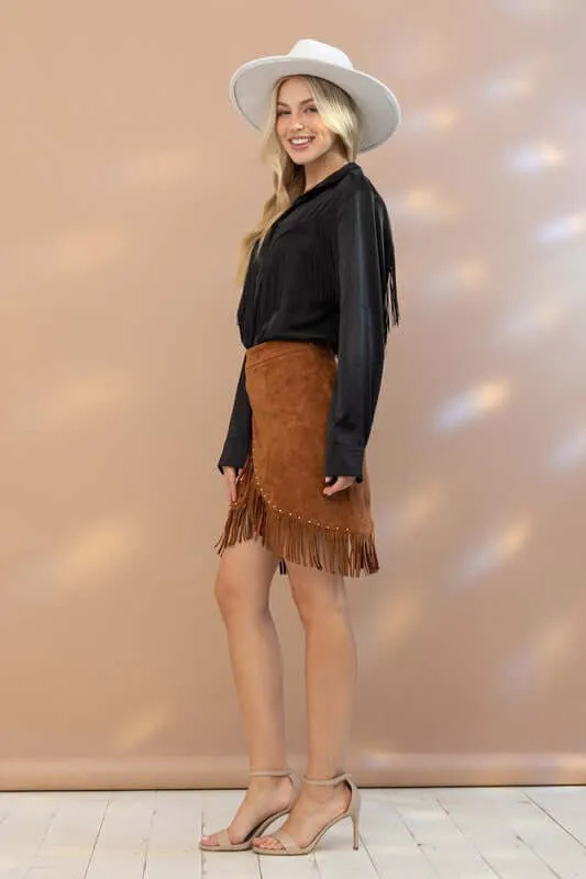 Western Satin Shirt Blouse with Chevron Fringe