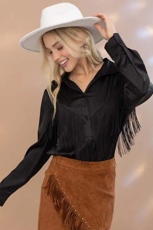 Western Satin Shirt Blouse with Chevron Fringe