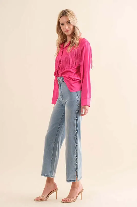 Western Satin Shirt Blouse with Chevron Fringe