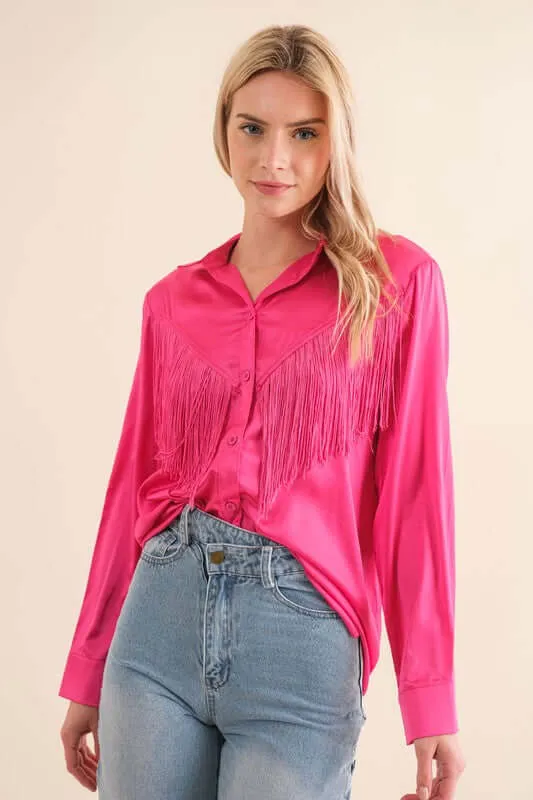 Western Satin Shirt Blouse with Chevron Fringe