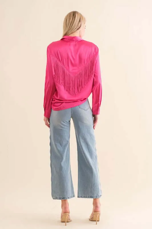 Western Satin Shirt Blouse with Chevron Fringe