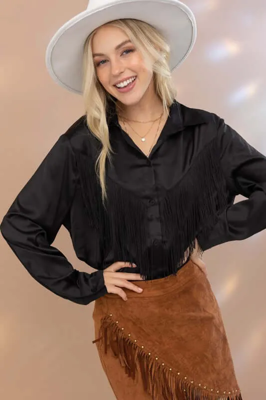 Western Satin Shirt Blouse with Chevron Fringe