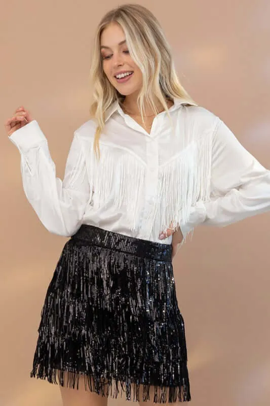 Western Satin Shirt Blouse with Chevron Fringe