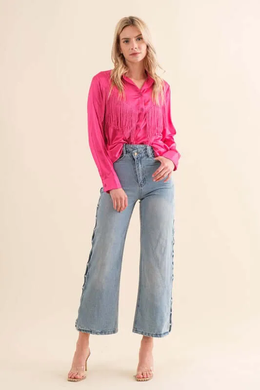 Western Satin Shirt Blouse with Chevron Fringe