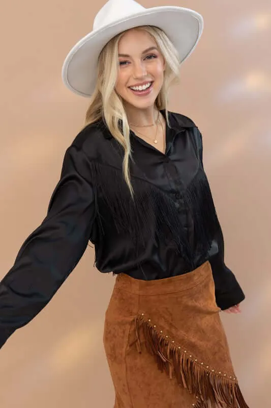 Western Satin Shirt Blouse with Chevron Fringe