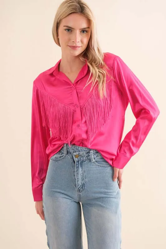Western Satin Shirt Blouse with Chevron Fringe