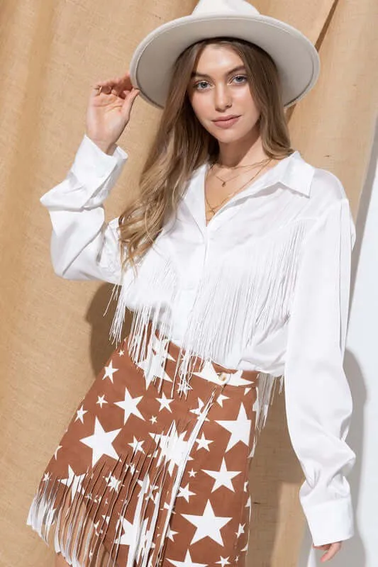 Western Satin Shirt Blouse with Chevron Fringe