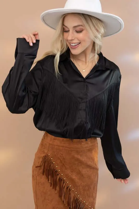 Western Satin Shirt Blouse with Chevron Fringe