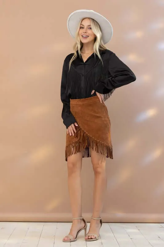 Western Satin Shirt Blouse with Chevron Fringe