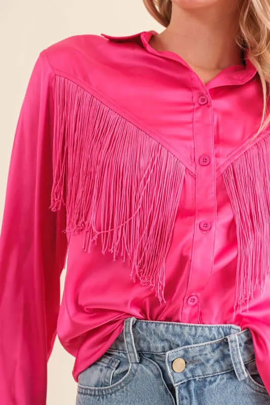 Western Satin Shirt Blouse with Chevron Fringe