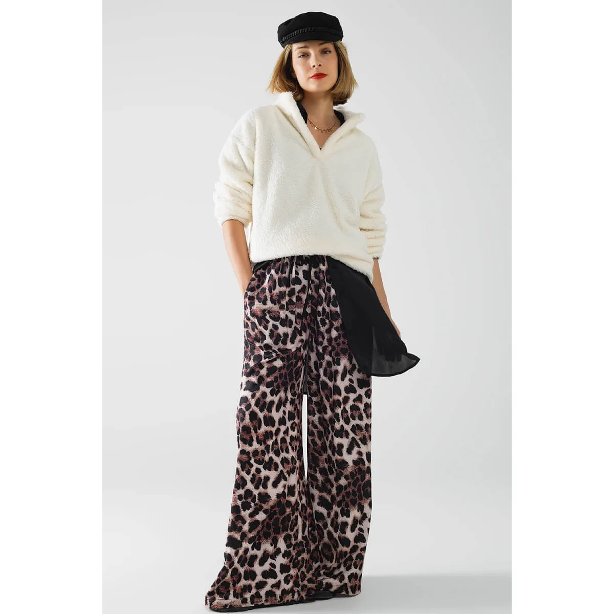 Wide Leg Leopard Pants with Satin Side Stripe