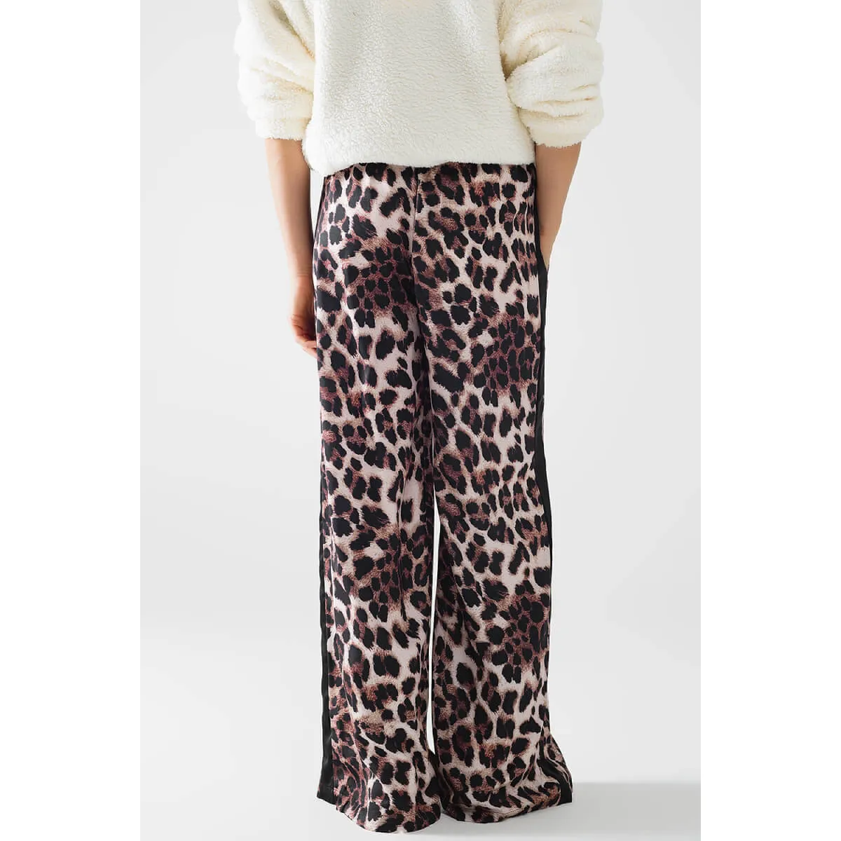 Wide Leg Leopard Pants with Satin Side Stripe
