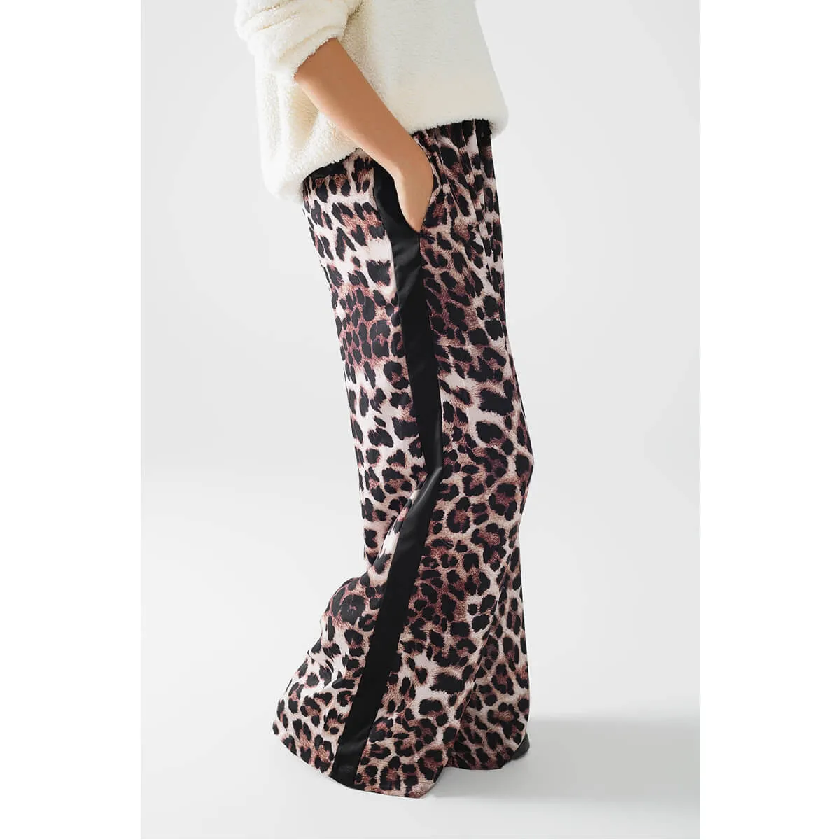 Wide Leg Leopard Pants with Satin Side Stripe